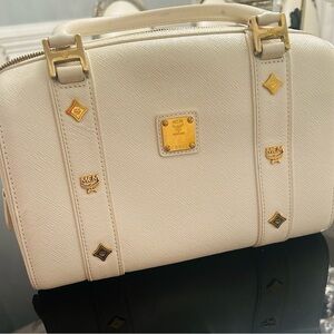 MCM Cream Satchel with Gold Accents